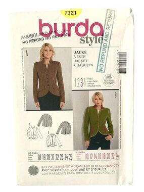 Burda 7321 Pattern Misses Jacket Semi Fitted Uncut Size 10 12 14 16 18 20 22 24